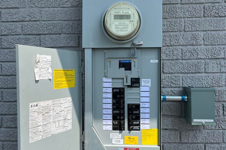 Exterior Eaton meter-main electrical service panel installed on brick building, NC